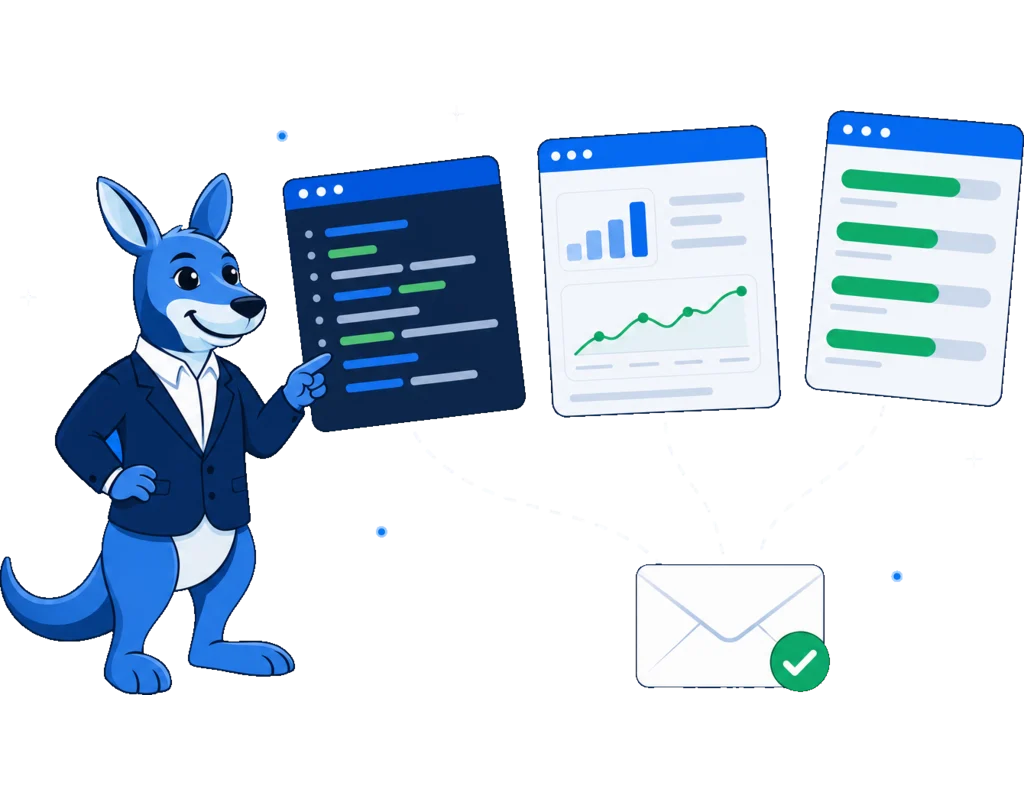 ClearBounce mascot in front of three workspaces — a developer terminal, a campaign dashboard and a high-volume job view — all feeding one verification result