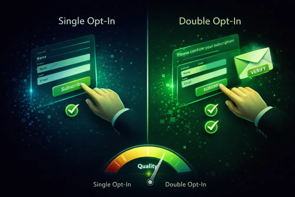 Single opt-in vs double opt-in comparison with subscription forms and quality meter