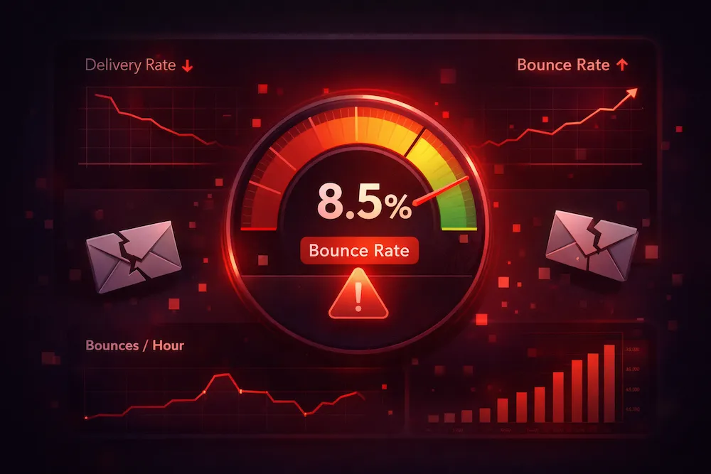 Email bounce rate dashboard displaying 8.5 percent bounce rate gauge with delivery analytics