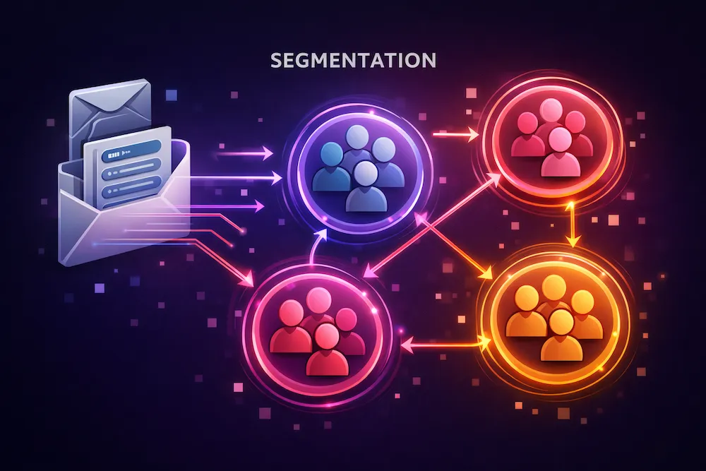 Email list segmentation diagram showing subscriber base divided into targeted audience groups