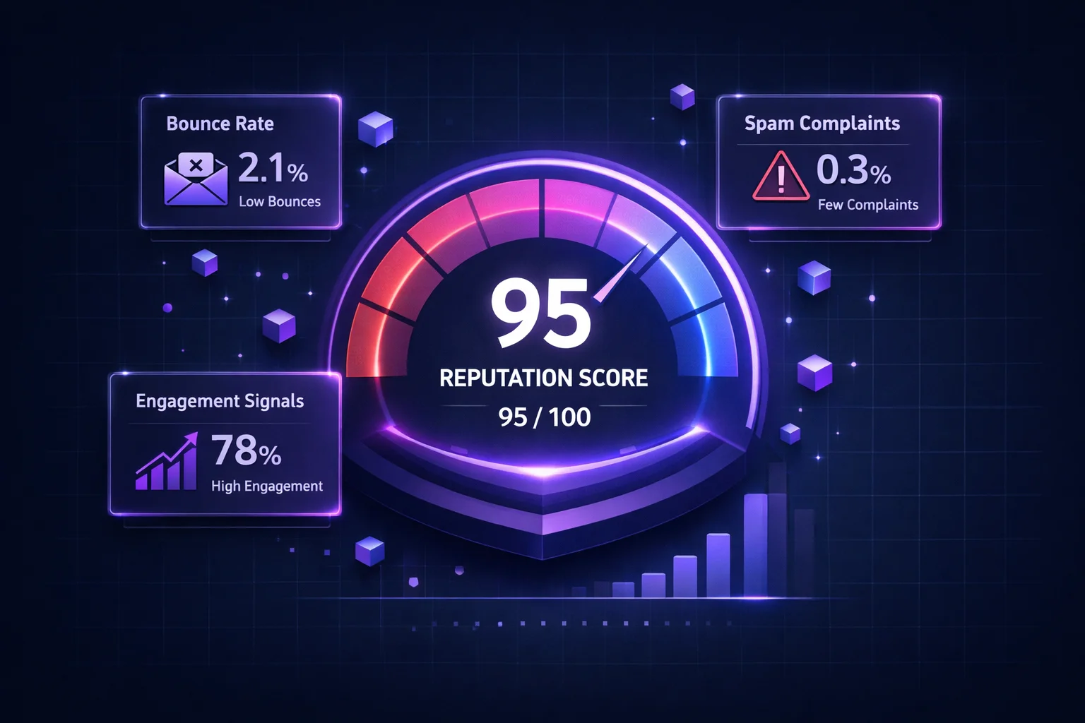Email sender reputation score dashboard showing 95/100 with bounce rate, spam complaints, and engagement metrics