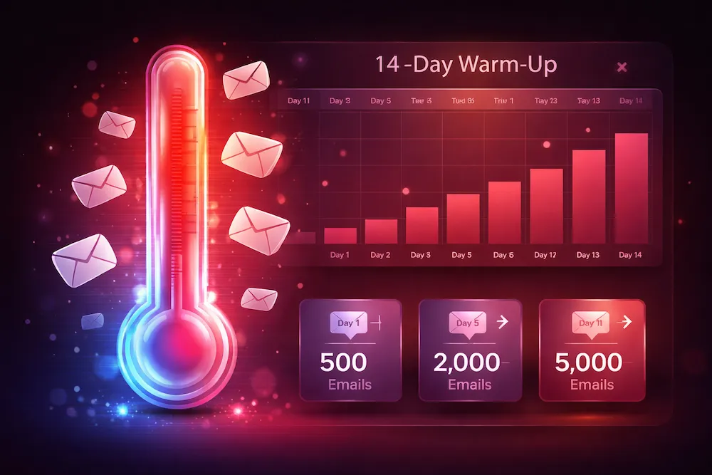 14-day email warm-up schedule with thermometer showing gradual volume increase