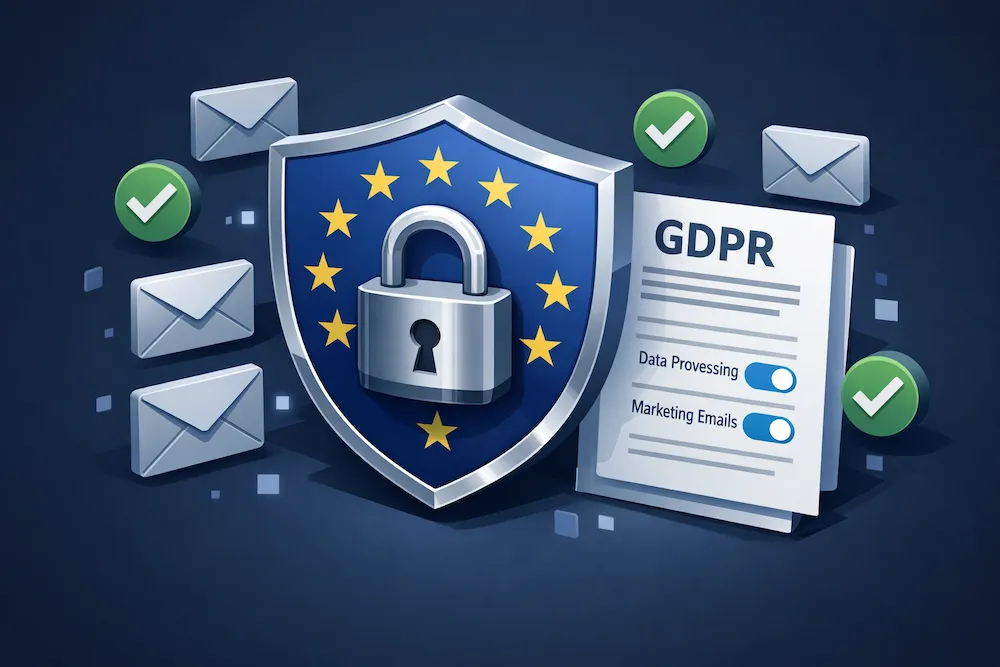GDPR compliance for email marketing with EU shield, padlock, and data processing consent form