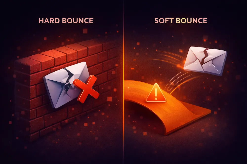Hard bounce vs soft bounce comparison showing email hitting brick wall versus bouncing back