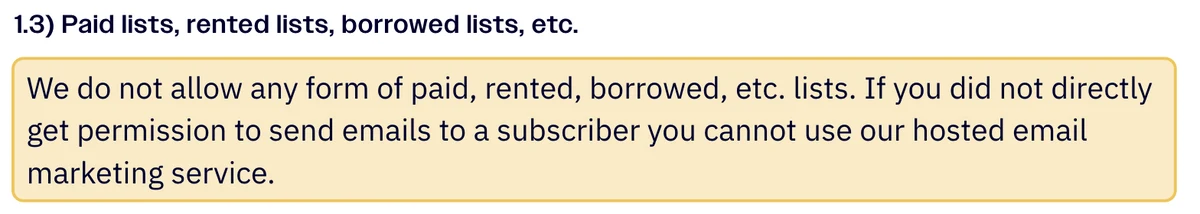 ActiveCampaign's anti-spam policy, section 1.3, stating that no form of paid, rented or borrowed lists is allowed