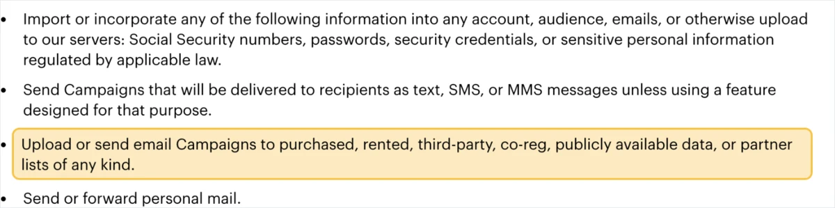 Mailchimp's Acceptable Use Policy, with the clause prohibiting campaigns to purchased, rented, third-party, co-reg, publicly available data or partner lists highlighted