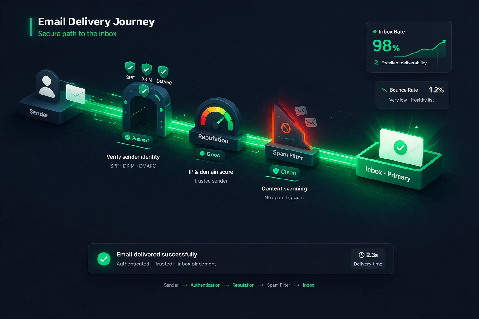 Email delivery journey from sender to inbox through authentication, reputation, and spam filter checkpoints