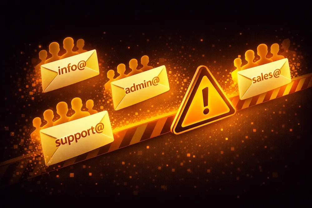Role-based email addresses info@, admin@, sales@, support@ with warning sign