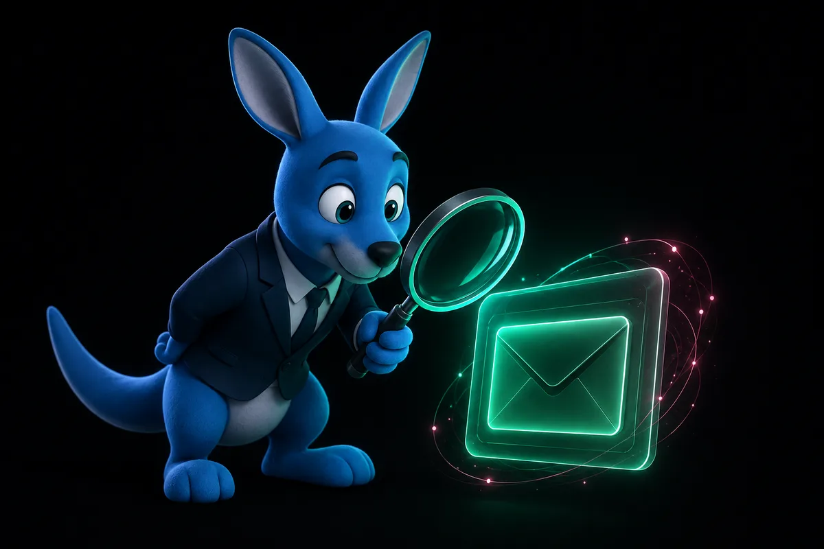 The ClearBounce kangaroo mascot examining a glowing email envelope with a magnifying glass