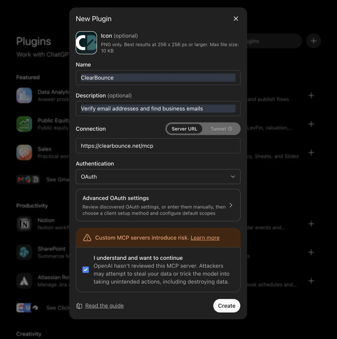 Creating the ClearBounce connector in ChatGPT developer mode with the MCP server URL and OAuth authentication