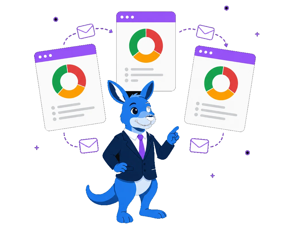 ClearBounce mascot in front of three client dashboards, each showing a list health breakdown of deliverable, risky and undeliverable addresses