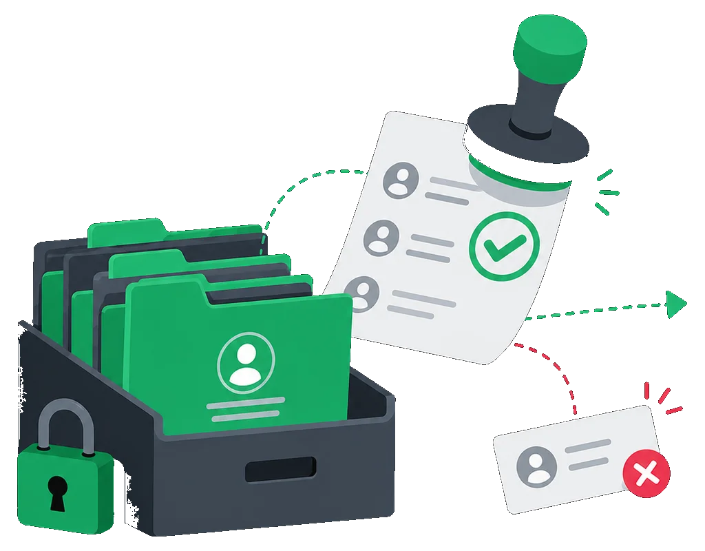 Archived client records passing under a verification stamp, one record rejected