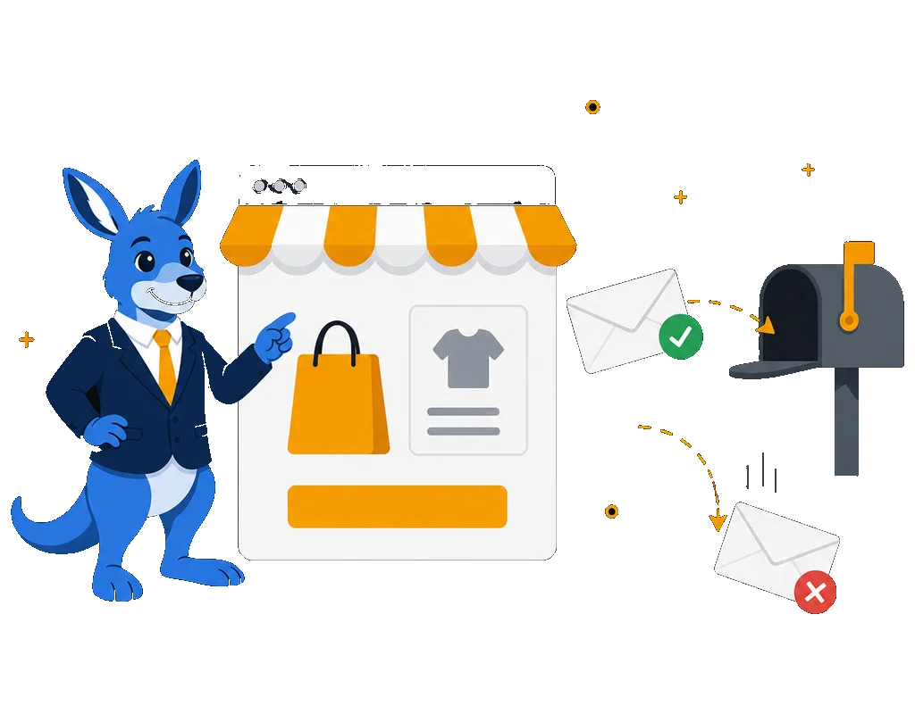 ClearBounce mascot beside an online store checkout, one order confirmation email reaching the mailbox and an undeliverable one falling away
