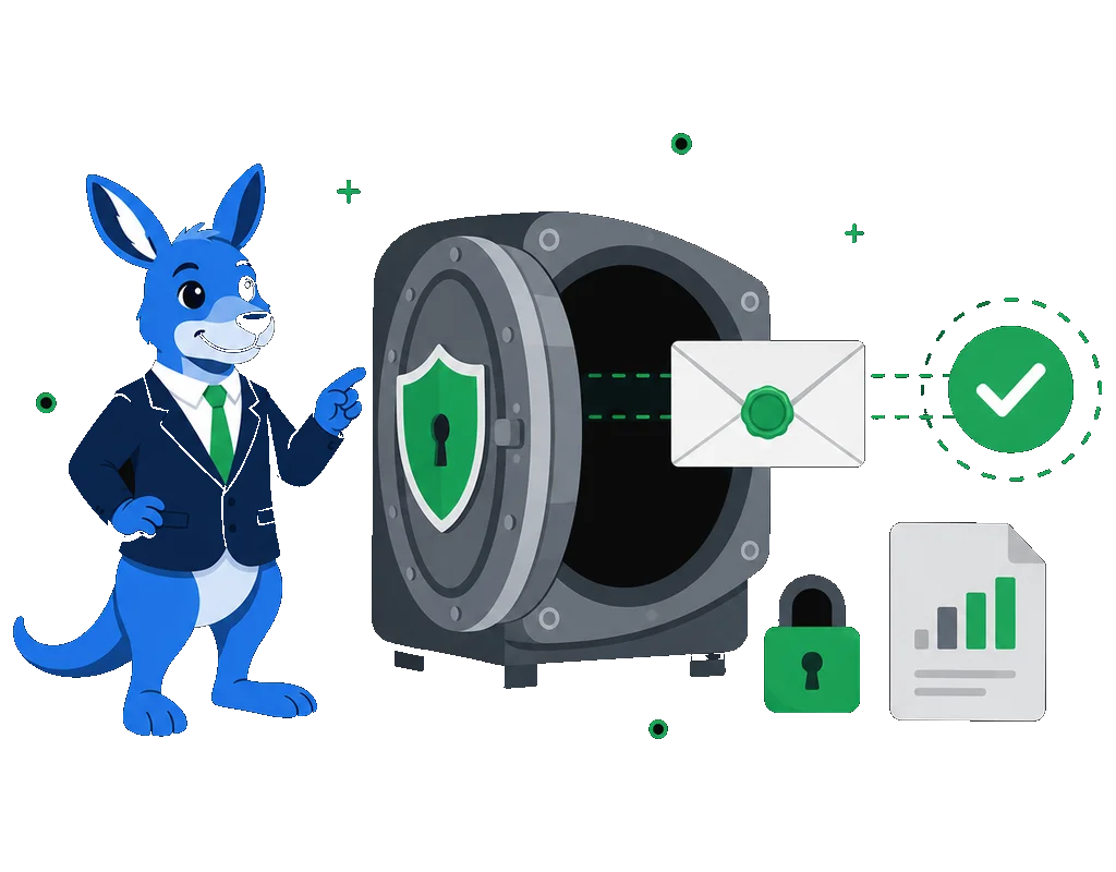 ClearBounce mascot beside a secure vault, a sealed client statement passing through to a verified checkmark