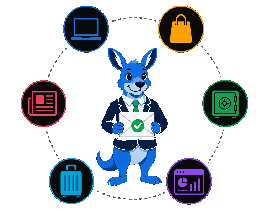 ClearBounce mascot holding a verified email, surrounded by icons for SaaS, ecommerce, financial services, agencies, travel and publishing