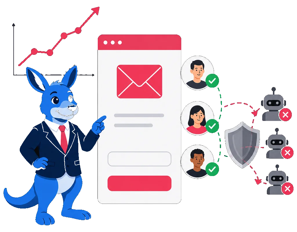 ClearBounce mascot beside a newsletter signup panel, real subscribers verified while bot signups are blocked by a shield