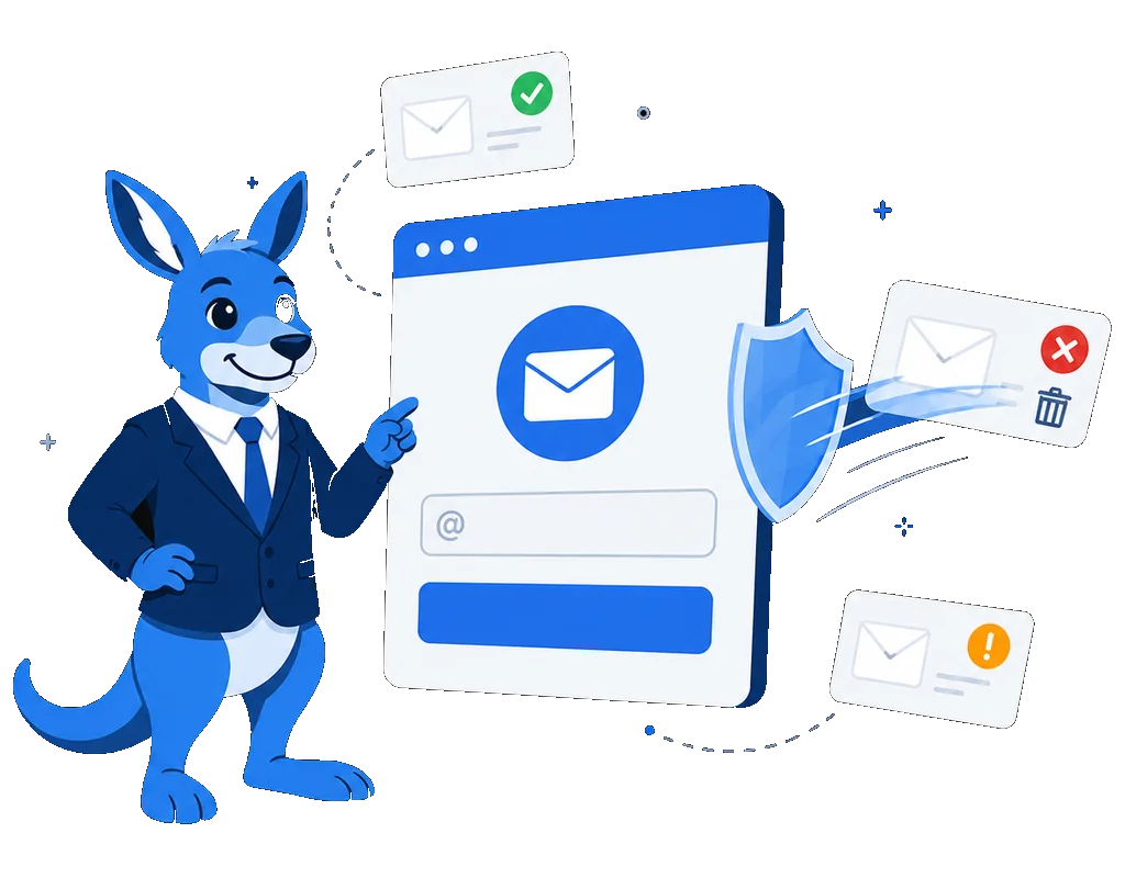 ClearBounce mascot beside a SaaS signup form, blocking a disposable email address with a shield while a valid address is approved