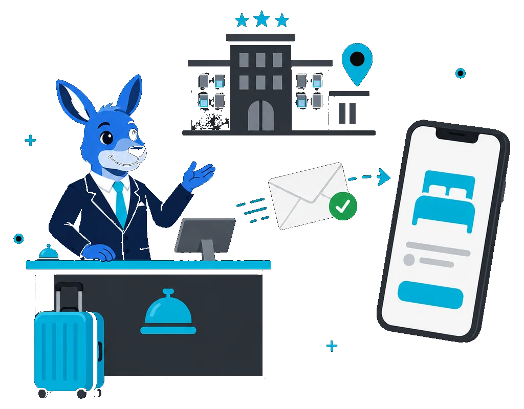 ClearBounce mascot at a hotel reception desk sending a verified booking confirmation to a guest phone